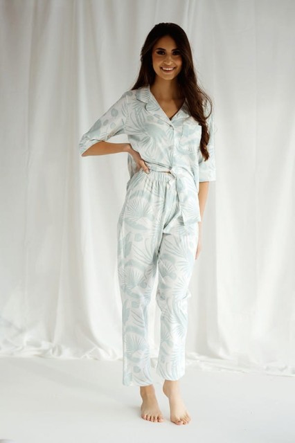 Piżama damska na guziki z kołnierzykiem Roxie/ Liście Iceberg - Dolce Sonno