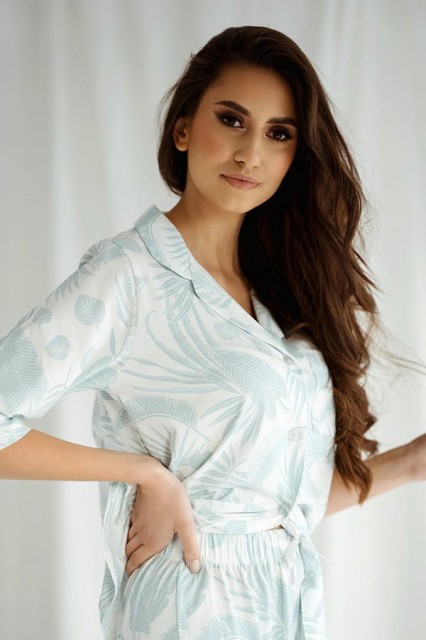 Piżama damska na guziki z kołnierzykiem Roxie/ Liście Iceberg - Dolce Sonno