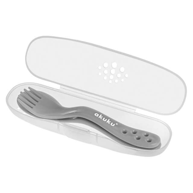 Sztućce dla dzieci do nauki samodzielnego jedzenia w etui A0073 szare Akuku