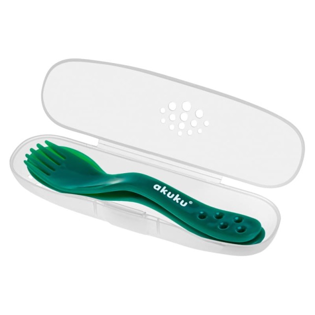 Sztućce dla dzieci do nauki samodzielnego jedzenia w etui A0074 zielone Akuku