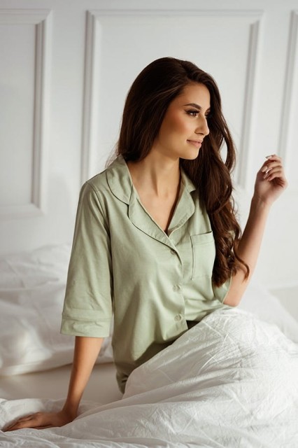 Koszula nocna na guziki z kołnierzykiem Elena/Szałwia - Dolce Sonno