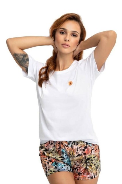 Bawełniana piżama damska, krótka - biała | Luna - 671