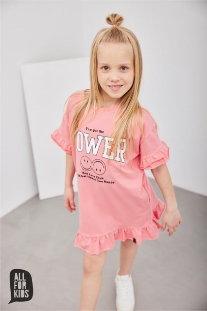 Letnia, koralowa sukienka dla dziewczynki z napisem "I've got the power" - All for Kids