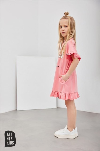 Letnia, koralowa sukienka dla dziewczynki z napisem "I've got the power" - All for Kids