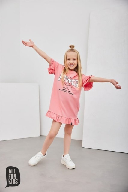 Letnia, koralowa sukienka dla dziewczynki z napisem "I've got the power" - All for Kids