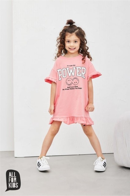 Letnia, koralowa sukienka dla dziewczynki z napisem "I've got the power" - All for Kids