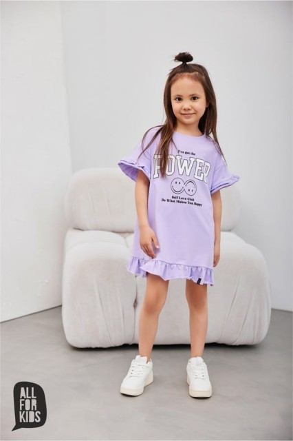 Letnia, fioletowa sukienka dla dziewczynki z napisem "I've got the power" - All for Kids