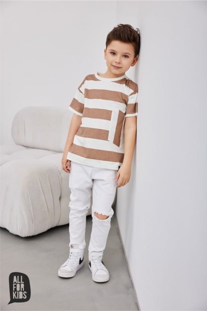 T-shirt chłopięcy w pasy beżowe - All for Kids
