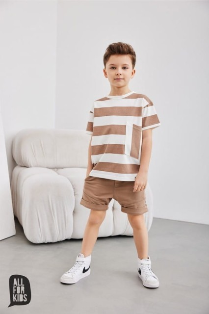 T-shirt chłopięcy w pasy beżowe - All for Kids