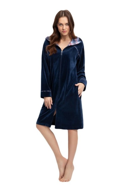 Bawełniany szlafrok damski z kapturem, zapinany na zamek -Indygo | Luna 389