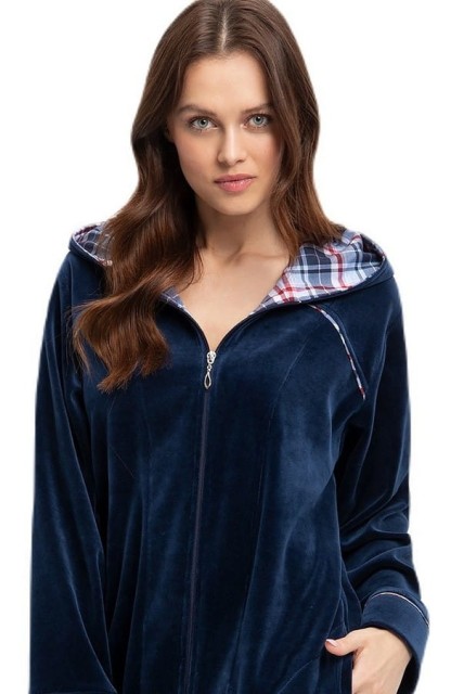 Bawełniany szlafrok damski z kapturem, zapinany na zamek -Indygo | Luna 389
