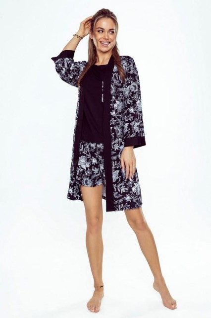 Dzianinowa, krótka piżama damska First Lady Silvana, czarna-kwiaty | Eldar