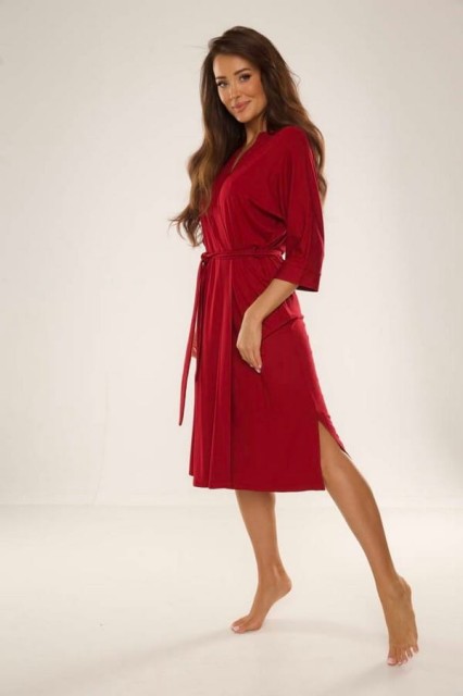 Długi szlafrok damski Visa z delikatnej dzianiny - Bordowy | DeLafense - 942