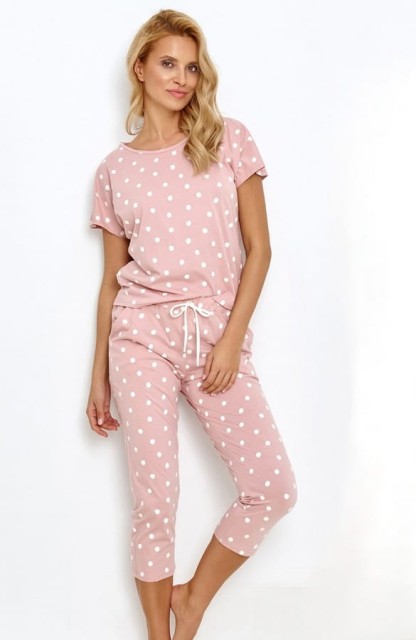 Piżama damska z krótkim rękawem Chloe, pudrowy róż w kropki | Taro