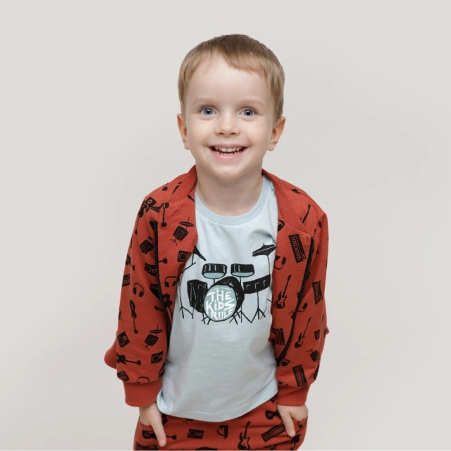 Koszulka z krótkim rękawem T-shirt dziecięcy niebieski z perkusją - Let's Rock | Pinokio