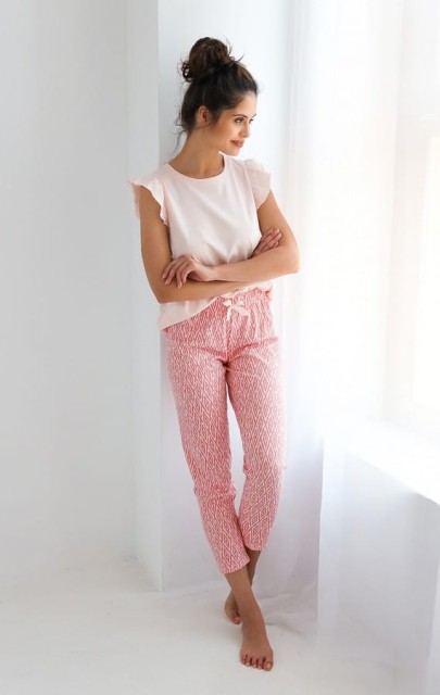 Bawełniana piżama damska z falbanką na rękawe - Elena | Sensis