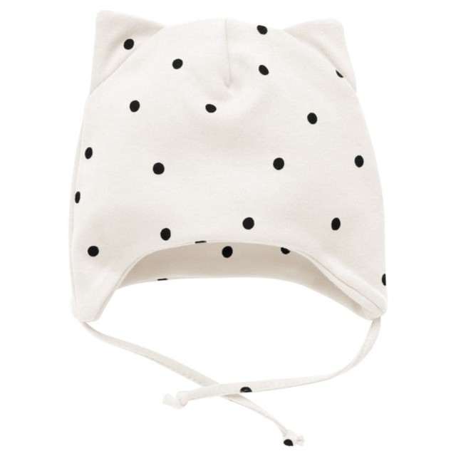 Czapka bawełniana dla niemowląt wiazana pod szyją z uszami ecru w groszki - Tres Bien | Pinokio