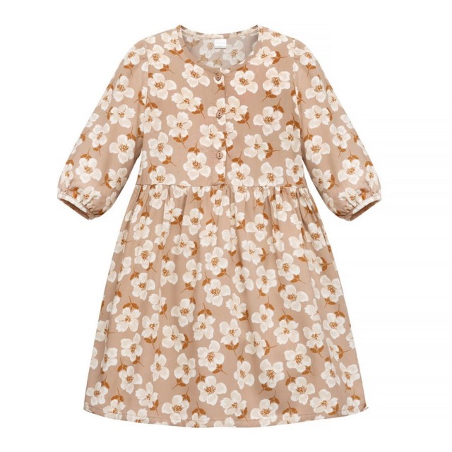 Sukienka dla dziewczynki z dzianiny wiskozowej szara beżowa w kwiatki - Tres Bien Pinokio
