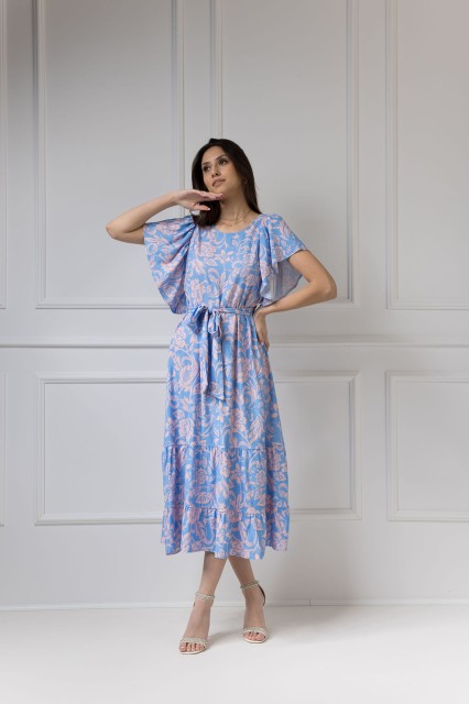 WUALAA Women - Sukienka damska midi SANVI Rustic Symphony Blue/Apricot