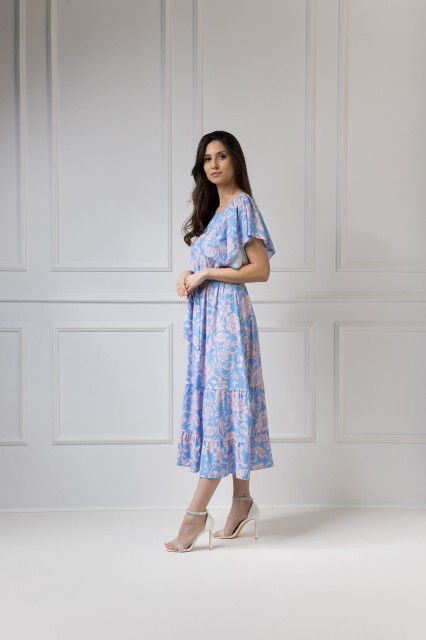 WUALAA Women - Sukienka damska midi SANVI Rustic Symphony Blue/Apricot