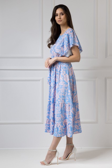 WUALAA Women - Sukienka damska midi SANVI Rustic Symphony Blue/Apricot