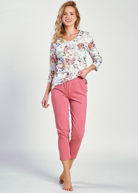 Bawełniana piżama damska 7/8 biała-kwiaty Louise | Taro 3247