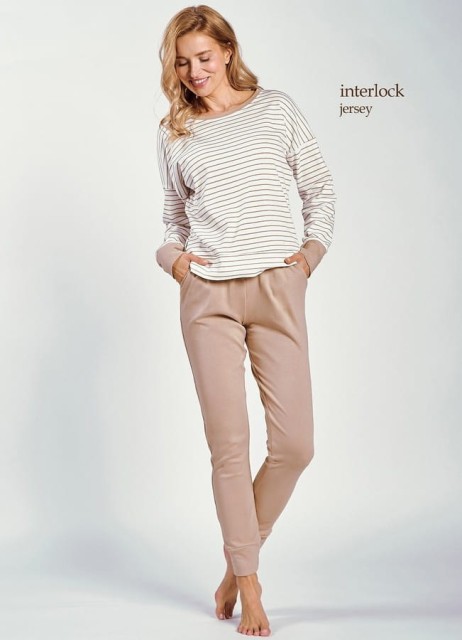 Bawełniana piżama damska Maggie beżowa w paseczki | Taro 3226