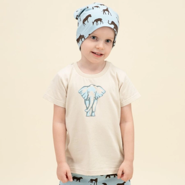 Koszulka z krótkim rękawem T-shirt dziecięcy beżowy ze słoniem - Safari Pinokio