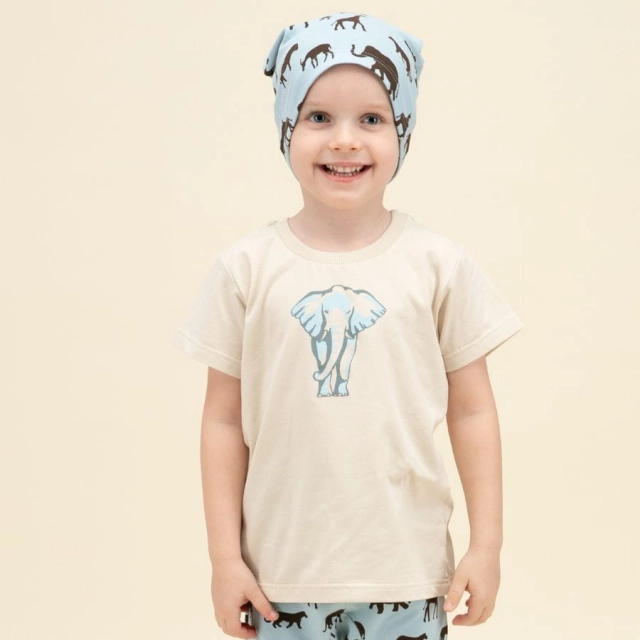 Koszulka z krótkim rękawem T-shirt dziecięcy beżowy ze słoniem - Safari Pinokio