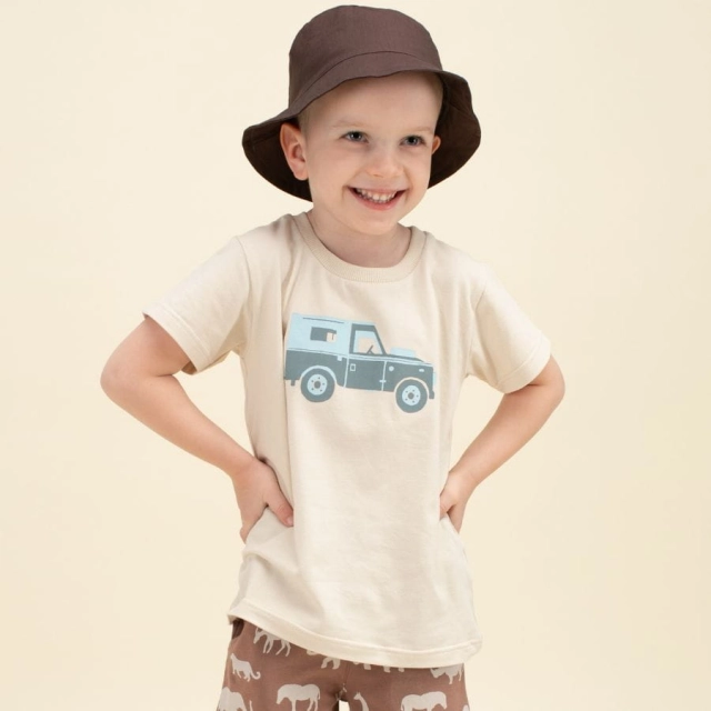 Koszulka z krótkim rękawem T-shirt dziecięcy beżowy z autkiem - Safari Pinokio