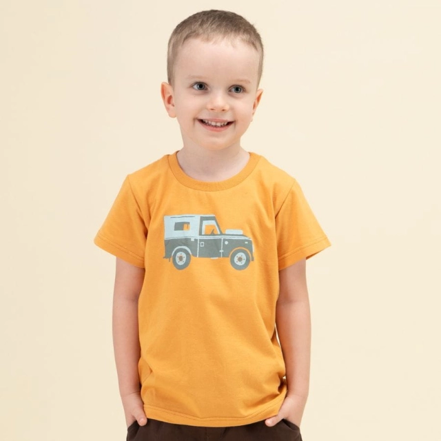 Koszulka z krótkim rękawem T-shirt dziecięcy miodowy z autkiem - Safari Pinokio