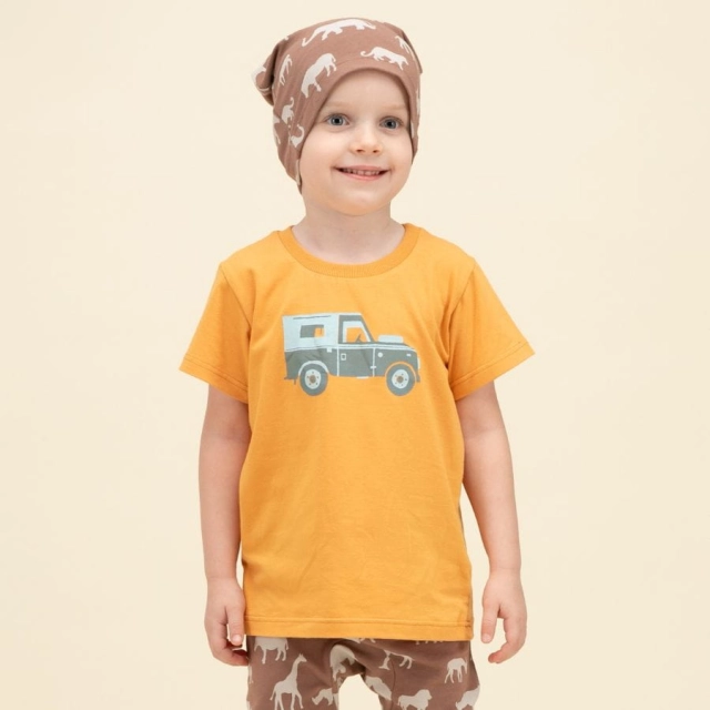 Koszulka z krótkim rękawem T-shirt dziecięcy miodowy z autkiem - Safari Pinokio
