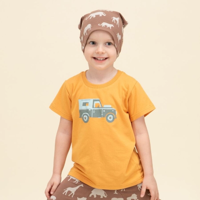 Koszulka z krótkim rękawem T-shirt dziecięcy miodowy z autkiem - Safari Pinokio