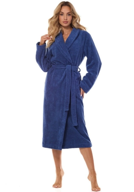 Szlafrok damski z bawełny frotte wiązany w pasie - Navy | L&L 2408