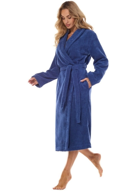 Szlafrok damski z bawełny frotte wiązany w pasie - Navy | L&L 2408