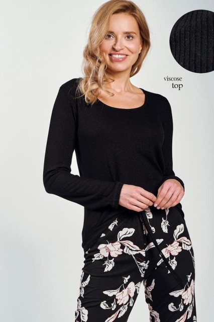 Piżama damska Charlotte - koszulka z prążka i długie spodnie w kwiaty | Taro 3232