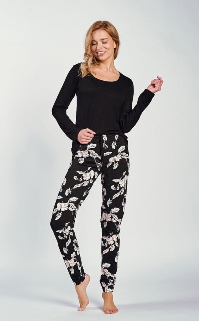 Piżama damska Charlotte - koszulka z prążka i długie spodnie w kwiaty | Taro 3232