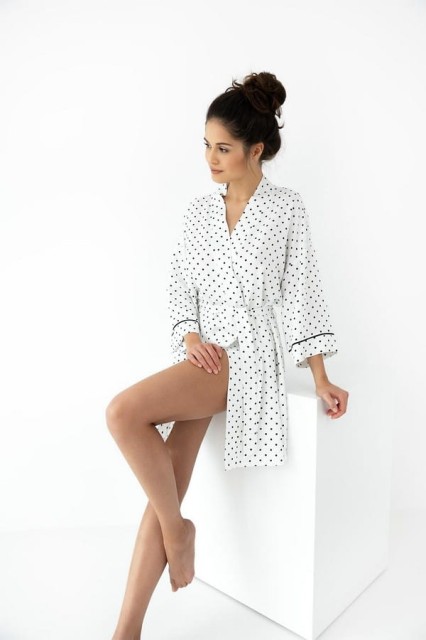 Dzianinowy szlafrok damski Elif śmietankowy w groszki | Sensis