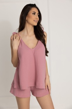 Muślinowa piżama na lato z wiązanymi ramiączkami Blanca / Fuksja - Dolce Sonno