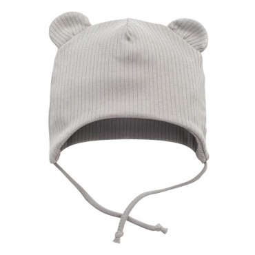 Czapka bawełniana dla niemowląt wiązana pod szyją z uszami misia szara w prążek - Lovely Day | Pinokio 