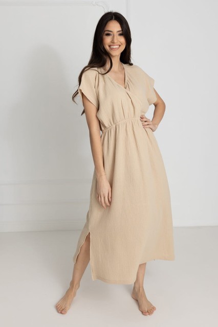 Długa koszula nocna muślinowa Izyda / Słomkowa - Dolce Sonno