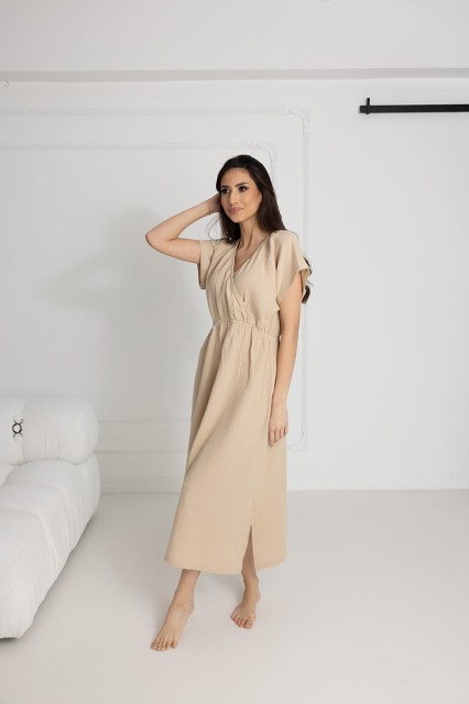 Długa koszula nocna muślinowa Izyda / Słomkowa - Dolce Sonno