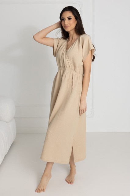 Długa koszula nocna muślinowa Izyda / Słomkowa - Dolce Sonno