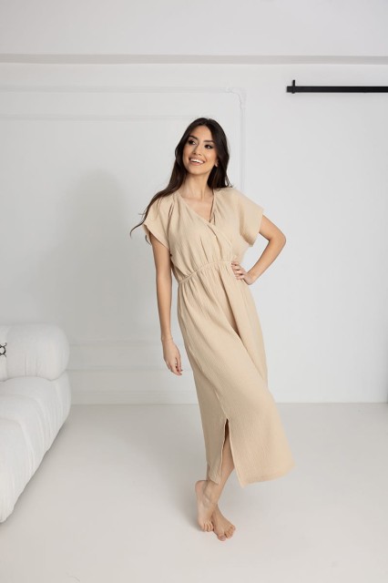 Długa koszula nocna muślinowa Izyda / Słomkowa - Dolce Sonno