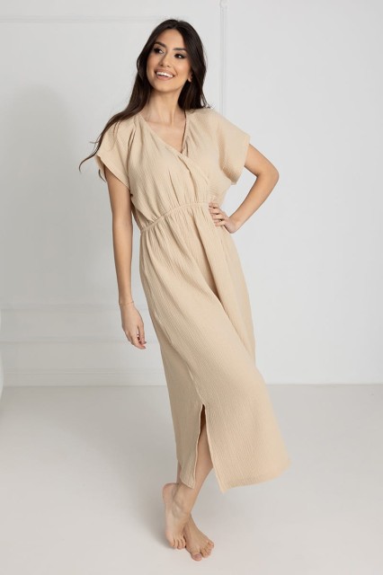 Długa koszula nocna muślinowa Izyda / Słomkowa - Dolce Sonno