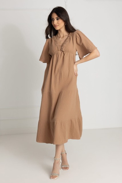 WUALAA Women - Długa sukienka muślinowa ESTER / Toffi