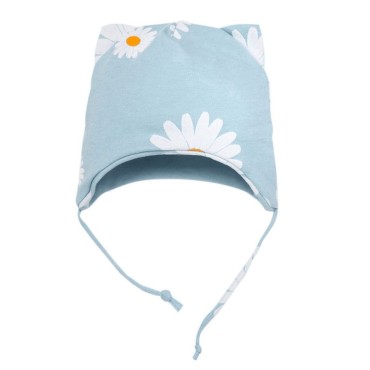 Czapka bawełniana dla niemowląt wiazana pod szyją z uszami niebieska w stokrotki - Lovely Day | Pinokio