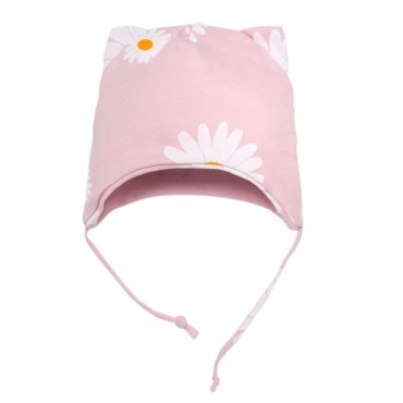 Czapka bawełniana dla niemowląt wiazana pod szyją z uszami różowa w stokrotki - Lovely Day | Pinokio