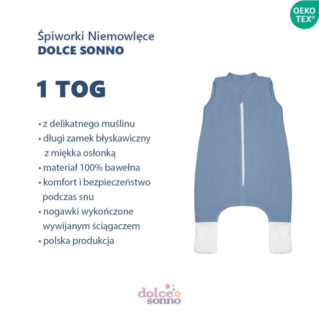 Niemowlęcy Dziecięcy Śpiworek muślinowy Double Gauze 1 TOG - Jeans | Dolce Sonno