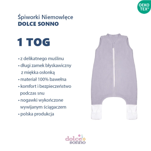 Niemowlęcy Dziecięcy Śpiworek muślinowy Double Gauze 1 TOG - Szary | Dolce Sonno